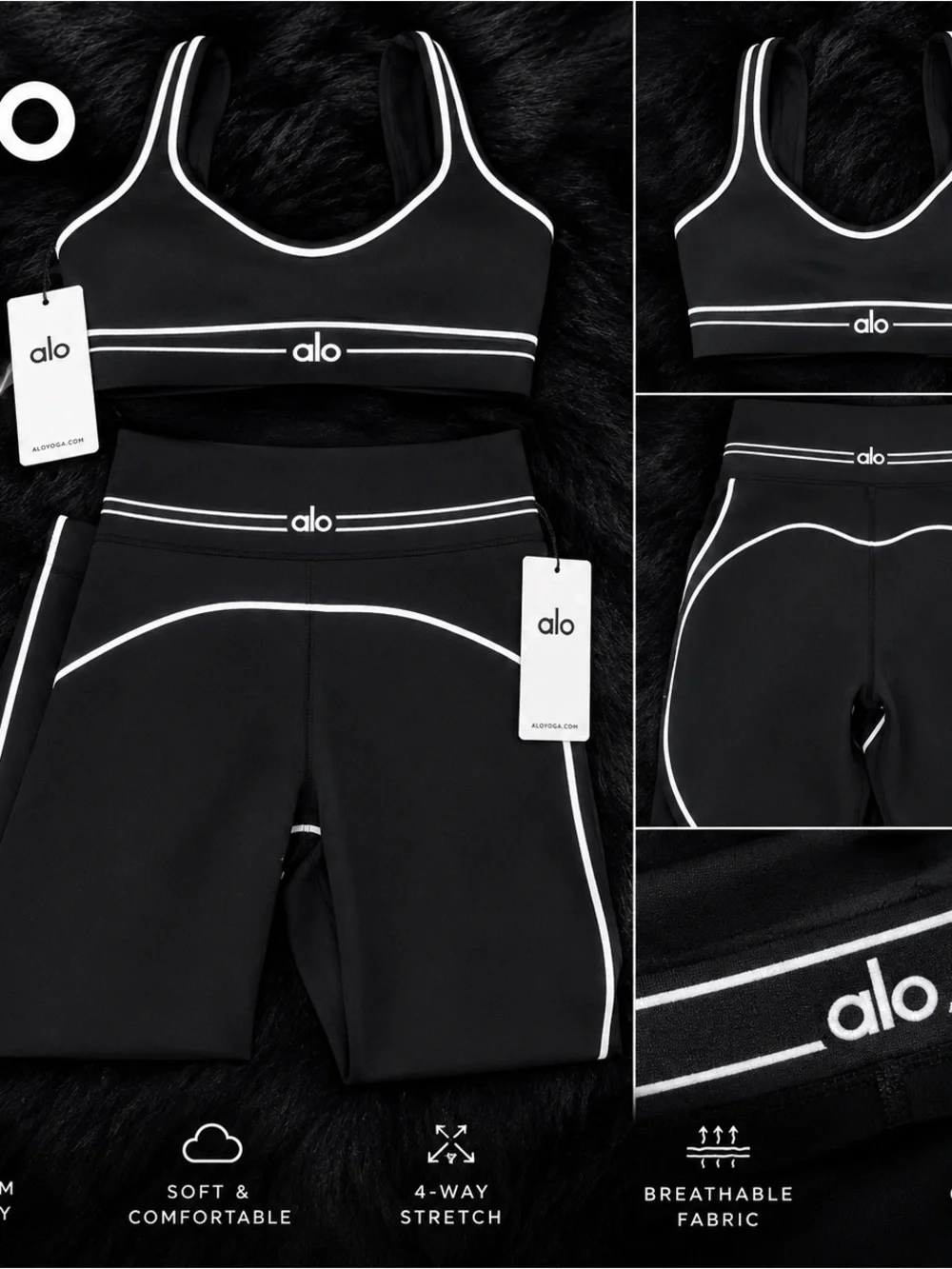 ALO Yoga Black Leggings with White Piping